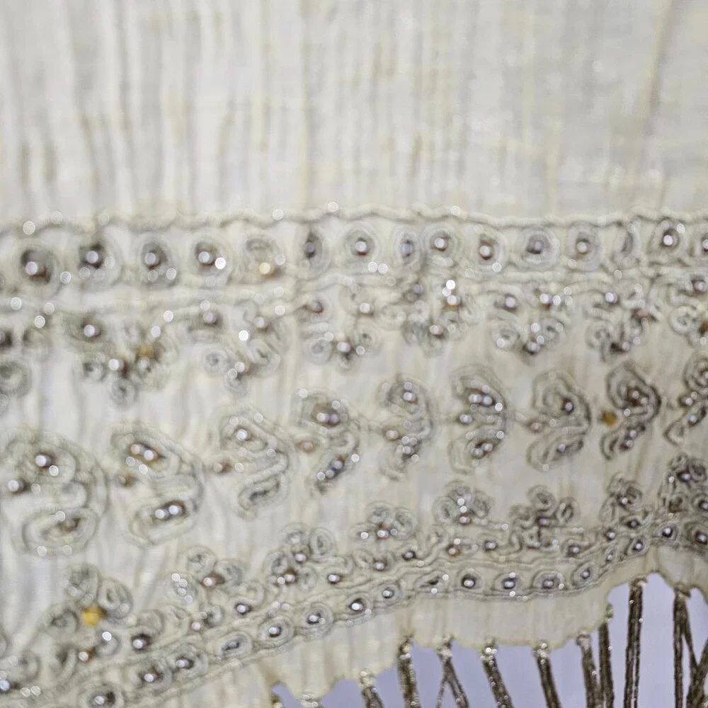 Green Boho Sheer Beaded Embroidered Shimmery Fringed Scarf - Picture 5 of 12